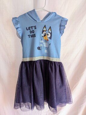Cute Bluey "Let’s Do This" Ruffle Hooded Dress - Girls Size 8 (Runs Small!)